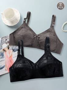 2 pezzi Reggiseno in pizzo con copertura completa per donne, reggiseno sexy senza ferretto, traspirante e sottile imbottito, adatto per grandi seni