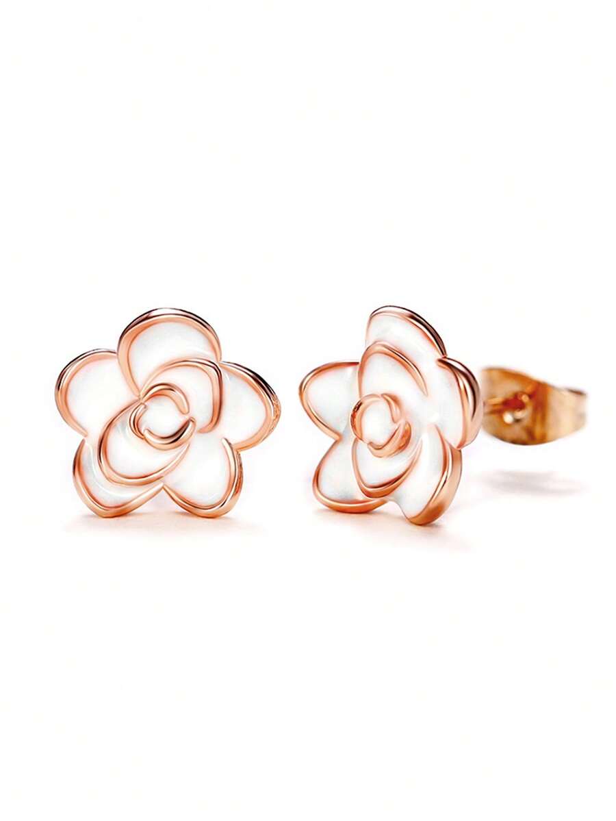 1 Đôi bông tai hình hoa tối giản đính đá Cubic Zirconia, phù hợp cho nữ, có thể đeo trong các dịp cưới hỏi, lễ đính hôn, kỷ niệm, tiệc tùng, ngày Valentine và các dịp khác. - Hoa hồng vàng - Xem 1