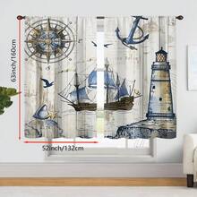2PCS Antique Marine Theme T Curtain Panels-2pcs Marine Sailboat, Seagull, Lighthouse And Compass Printed On Wood Grain Background-Rod Pocket Polyester Curtain For Living Room, Bedroom, Kitchen-Machine Washable - Multicolor - View 7