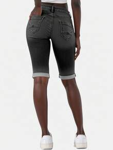 女士休闲水洗修身牛仔短裤，夏季 - 黑色 - 查看 3