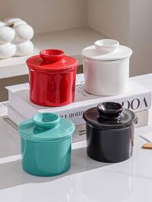 1 Set Ceramic Round Butter Dish With Lid & Wooden Spoon, Nordic Style Minimalist Solid Color Ceramic Butter Pot, Cheese Storage Container, Kitchen & Dining Ceramic Butter Dish With Lid & Wooden Butter Knife