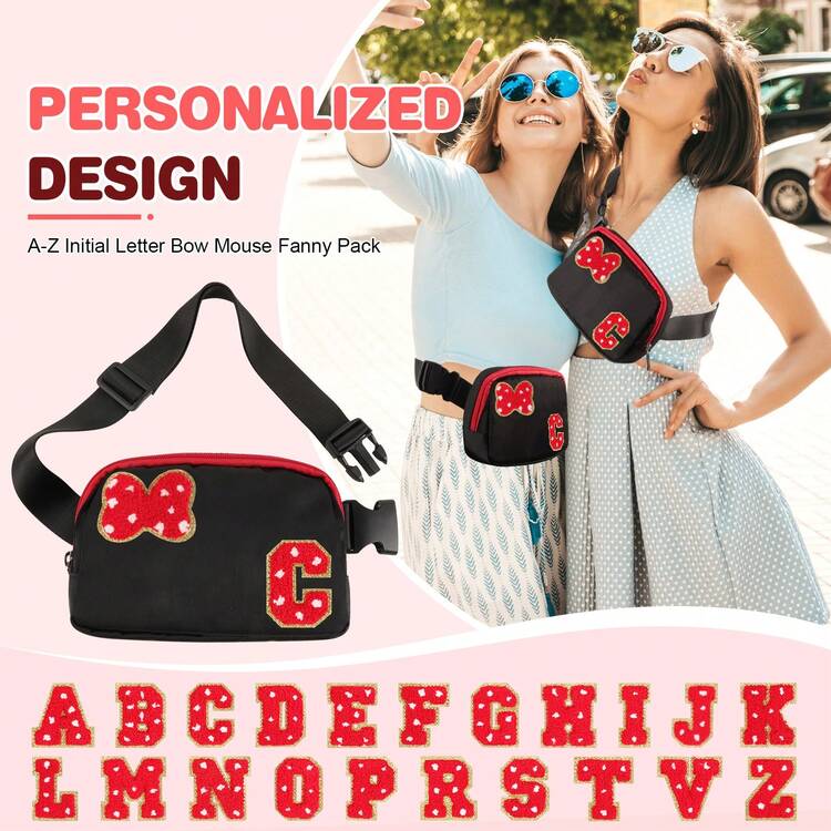 Initial Letter Bow Mouse Fanny Pack,Cute Chenille Belt Bag Cartoon Travel Waist Pack Waterproof Crossbody Bag,Personalized Christmas Birthday Gifts For Teen Girls Daughter Women,Perfect For Daily & Party , Cute - Black - View 8