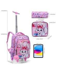 BLING BABIES 3 件套女童滚轮背包，可爱卡通猫咪亮片设计滚轮包，带午餐盒和笔袋，夜光功能，粉色 - 紅花粉貓 - 查看 3