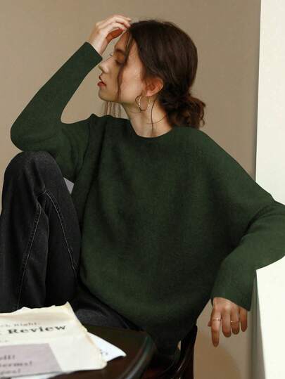 Knit Mix Elegant Women's Knitted French Commuter Sweater, Casual Loose Long Sleeve Crew Neck Pullover, Suitable For Autumn/Winter, Christmas, Thanksgiving, New Year, Valentine's Day And Other Holidays, An Ideal Choice For Back-To-School Season And Fall Women's Wear.