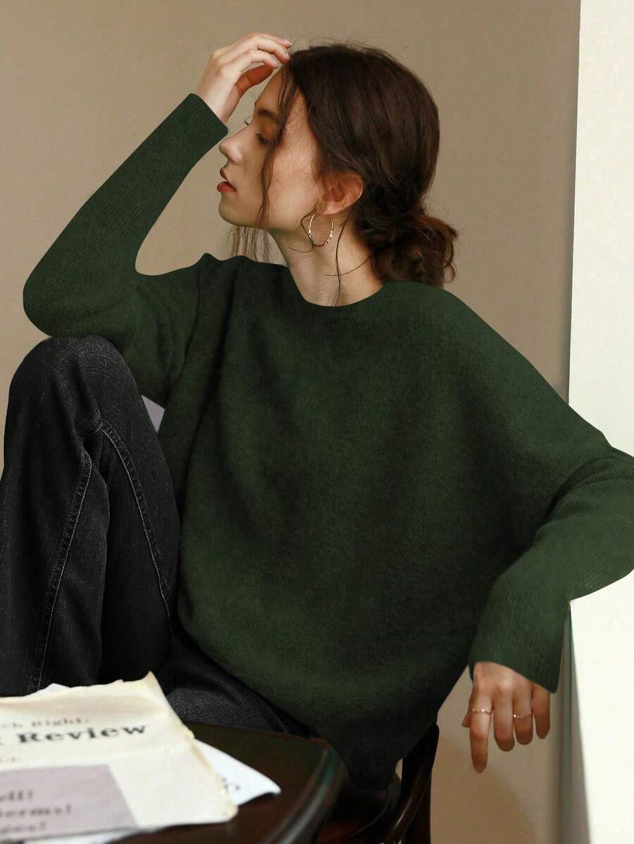 Knit Mix 优雅女士针织法式通勤毛衣，休闲宽松长袖圆领套头衫，适合秋冬季、圣诞节、感恩节、新年、情人节等节日穿着，是返校季和秋季女装的理想选择。 - 軍綠色 - 查看 1