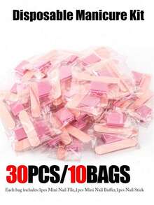 60/30/15/3件一次性美甲套装，30套独立包装美甲套装-迷你指甲锉，迷你指甲抛光器，美甲棒，适用于沙龙家居 - 粉色 - 查看 10