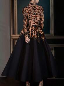 Vintage Leopard Print Stand Collar A-Line Dress - Coral Orange - View 2