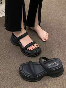 女凉鞋2025新款韩版时尚厚底松糕交叉绑带罗马沙滩凉鞋纯色百搭 - 黑色 - 查看 5