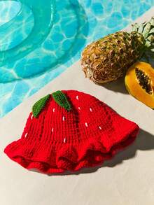 1pc Tropiscape Women's Handmade Crochet Strawberry Knit Bucket Hat, Warm & Fashionable For Autumn/Winter, Suitable For Daily Wear, Vacation Atmosphere, Relaxation, Beach Autumn Accessories