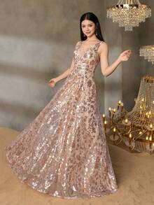 Alisa&Leo 优雅无袖 V 领 A 字形青少年礼服：非常适合庆典、选美、正式晚宴和红毯活动 - 带有花卉图案的精致晚装，适合舞会、初次登台舞会、慈善活动、颁奖典礼和豪华婚礼 - 香檳色 - 查看 3