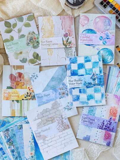 50枚入り タイダイ 水彩テーマ 文房具用紙、ビンテージ水彩背景紙 スクラップブッキング、日記、DIYデコレーション、学校準備に