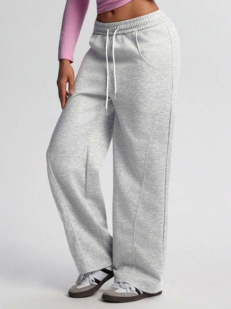 Women'S Casual High Waist Drawstring Loose Straight Leg Sweatpants, High Elastic Waist With Drawstring, Loose & Comfortable, Suitable For Sports, Workout, Back To School, Casual Wear, Autumn/Winter Tights - Light Grey - View 2