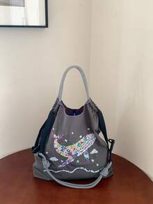 Bohemian Women's Shoulder Bag Embroidered Pattern Nylon Bag Large Capacity Cloth Bag Lightweight Foldable Storage Bag Commuter Bag Fashion Bag Travel Bag Large Capacity Tote,Large-Capacity Handbags, Commuter Bags, Ladies' Bags