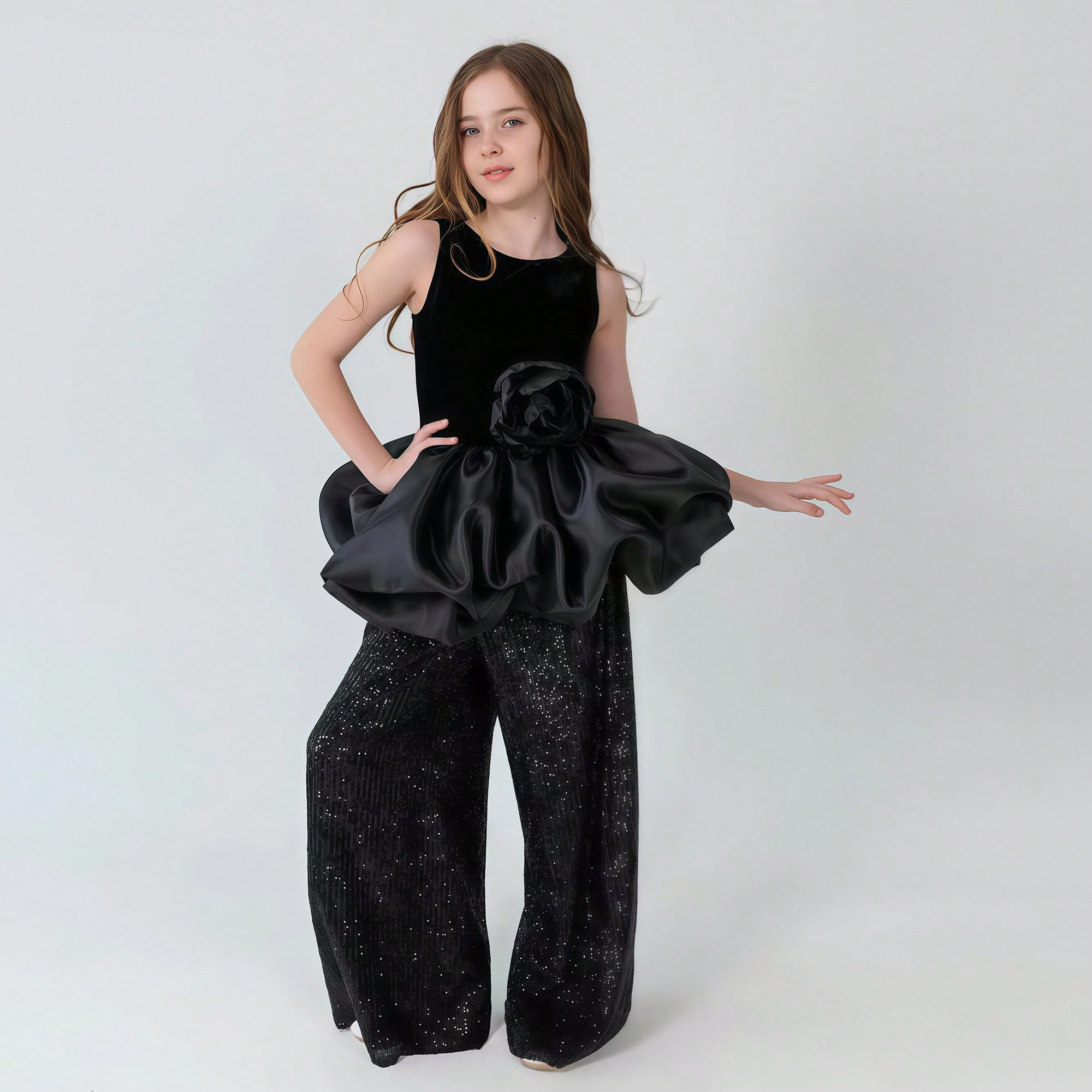 Conjunto de 2 piezas de vestido de fiesta sin mangas con flores 3D de tul para niña preadolescente, adecuado para fiestas de cumpleaños, bodas, dama