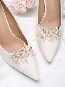 2pcs Detachable DIY Shoe Accessories, Artificial Crystal Moon & Flower Metal Decor, Elegant & Fashionable For Women Heels, Shoes, Pumps, Bridal Shoes, Date Shoes, Wedding Shoes - Gold - View 2