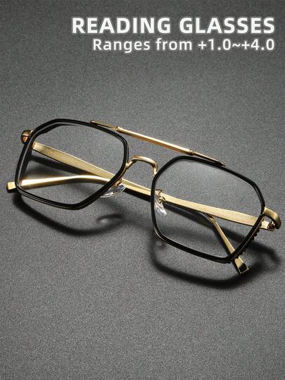 Prescription Reading Glasses, New Polygonal Double-Bridge Metal Inner Circle Readers, Flexible Elliptical Frame, Classic Readers For Daily Wear, Suitable For Sports, Anti-Slip, Computer Use, Comfortable Reading, Sewing, Eye Fatigue Relief, Portable Design Fits Various Face Shapes, Available In Gold, Gun, Black, 7 Magnification Levels, Great Gift For Holidays, Parents, Halloween, Valentine's Day, Christmas, High-Definition Eye Protection, Long-Lasting Wear Without Dizziness