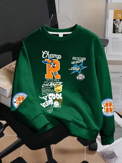 Tween Boy Casual Simple Cool Cartoon Design Sporty Style Pullover Round Neck Long Sleeve Sweater Autumn And Winter New Boys Clothes Kids