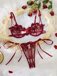 Florales Stickerei Schleife Dekor Ausschnitt Sexy Dessous Set, Rave