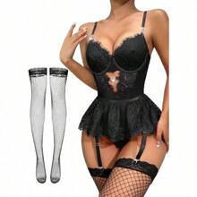 Sexy Stocking Heart Rhinestones Underwire Babydoll Lace Mesh Garter