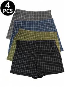 4pcs Classic Plaid Print Loose Fit Loungewear Boxer Briefs, Soft & Comfortable Men Underwear Shorts