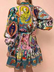 Vintage Art Print Puff Sleeve Button Front Midi Dress With Belt - 彩色 - 查看 2