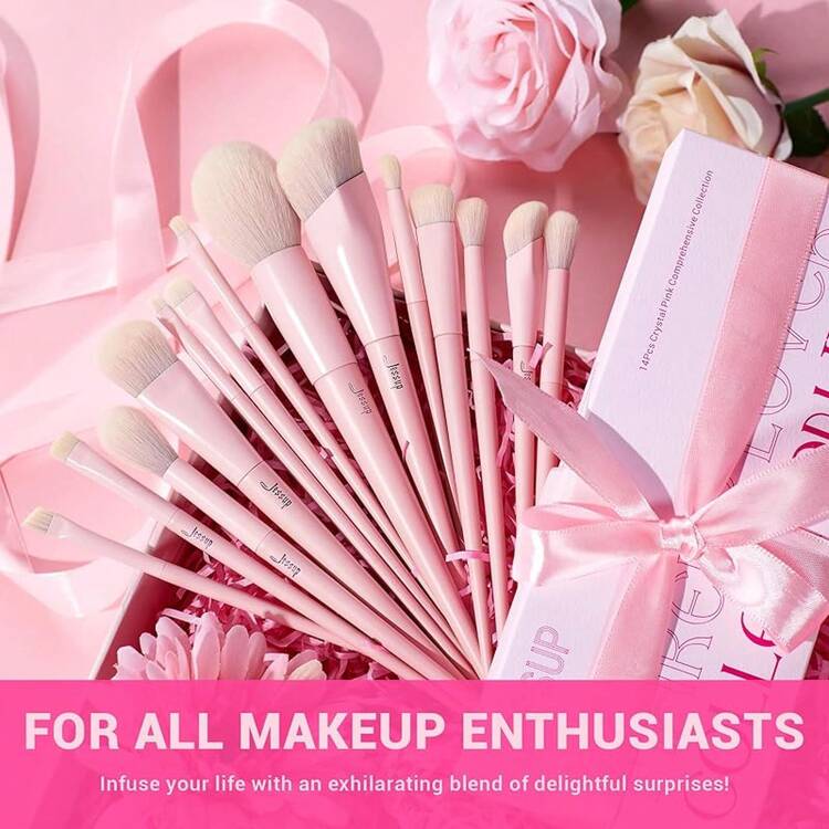 Jessup Brochas de Maquillaje,14pcs Set Brochas para Maquillaje Veganas Pinceles Maquillaje para Base en Polvo Sombra de Ojos Mezcla Corrector Pliegues Delineador de Cejas,Gris Claro T329 - C-Rosa-14 piezas - Añade 7