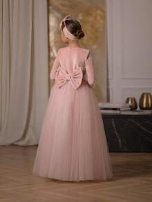 Vestido elegante de terciopelo rosa con lazo y cisne para niña preadolescente, vestido de princesa adecuado para fiesta de cumpleaños, banquete, baile de graduación, dama de honor de boda, Acción de Gracias, graduación - Rosa Pálido - Ver 5