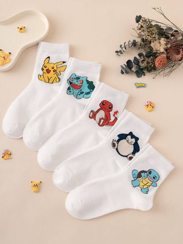 pokemon 5 paires de chaussettes mi-mollet multicolores intéressantes et personnalisées pour femmes, motif Pokémon série Pikachu, style sport, toutes saisons, taille européenne et américaine, confortable et respirant, couleurs riches, convient pour un port quotidien, tissu de qualité, non étouffant