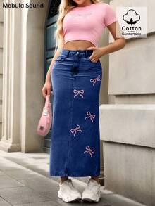 Mobula Sound 中东春夏 Y2K 青春性感音乐节学生学院百搭休闲度假时尚服饰可爱蝴蝶结刺绣紧身牛仔中裙 - 深藍 - 查看 6