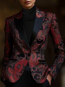 High Quality Elegant Retro Fashion Paisley Pattern Suit Jacket For Women, Satin Stitching Collar, Can Be Worn In All Seasons - Black - View 2