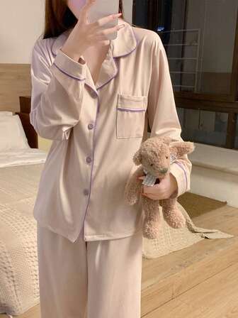 2pcs Women Striped Pajama Set, Purple & Pink, Button-Up Long Sleeve Top And Loose Pants, Comfortable Sleepwear For Home Use, Suitable For Spring And Autumn, Fall Winter Clothes