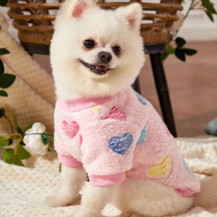秋冬新款宠物狗猫衣服，奶油色贵宾犬泰迪比熊犬小型犬牵引绳羊毛连帽衫 - 粉色 - 查看 1