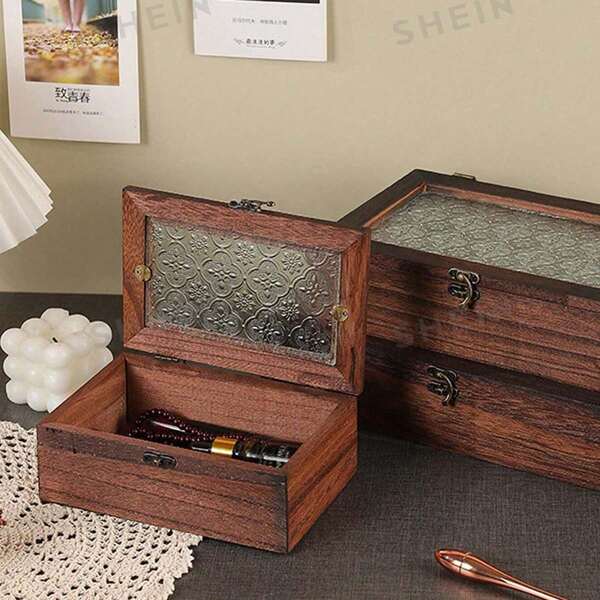 1pc Paulownia Retro Brown Wooden Jewelry Box Small Box Decoration Box Desktop Storage Box Jewelry Storage Box Retro Display Cabinet Cosmetics Jewelry Storage Tray With Drawers Nordic Style Desktop Miscellaneous Storage Box (Glass Pattern Cutting Surface Not Fixed), Suitable For Birthday Gifts, Valentine's Day, Halloween, Christmas, Easy To Store For Women Storage Organizer Travel Essentials Back To School Dormitory Storage Fall Decor