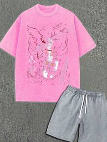230g Washed, Hot Blooded Anime Black Wizard Printed Men's Summer T-Shirt, High-Quality Wax Printed Cotton All Season Casual T-Shirt, Suitable For Street And Outdoor Activities, Perfect Gift For Festivals - 玫紅色 - 查看 1