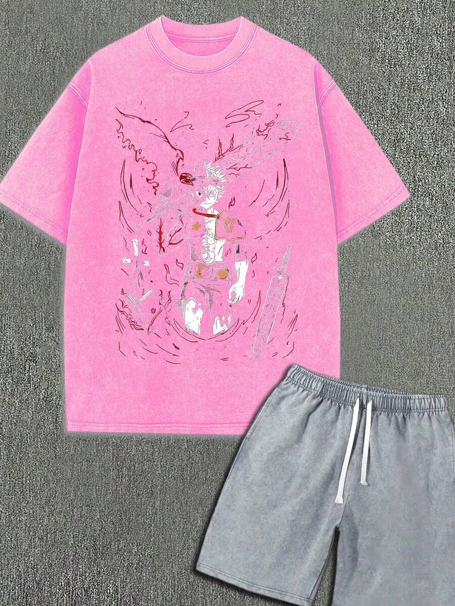 230g Washed, Hot Blooded Anime Black Wizard Printed Men's Summer T-Shirt, High-Quality Wax Printed Cotton All Season Casual T-Shirt, Suitable For Street And Outdoor Activities, Perfect Gift For Festivals - 玫紅色 - 查看 1