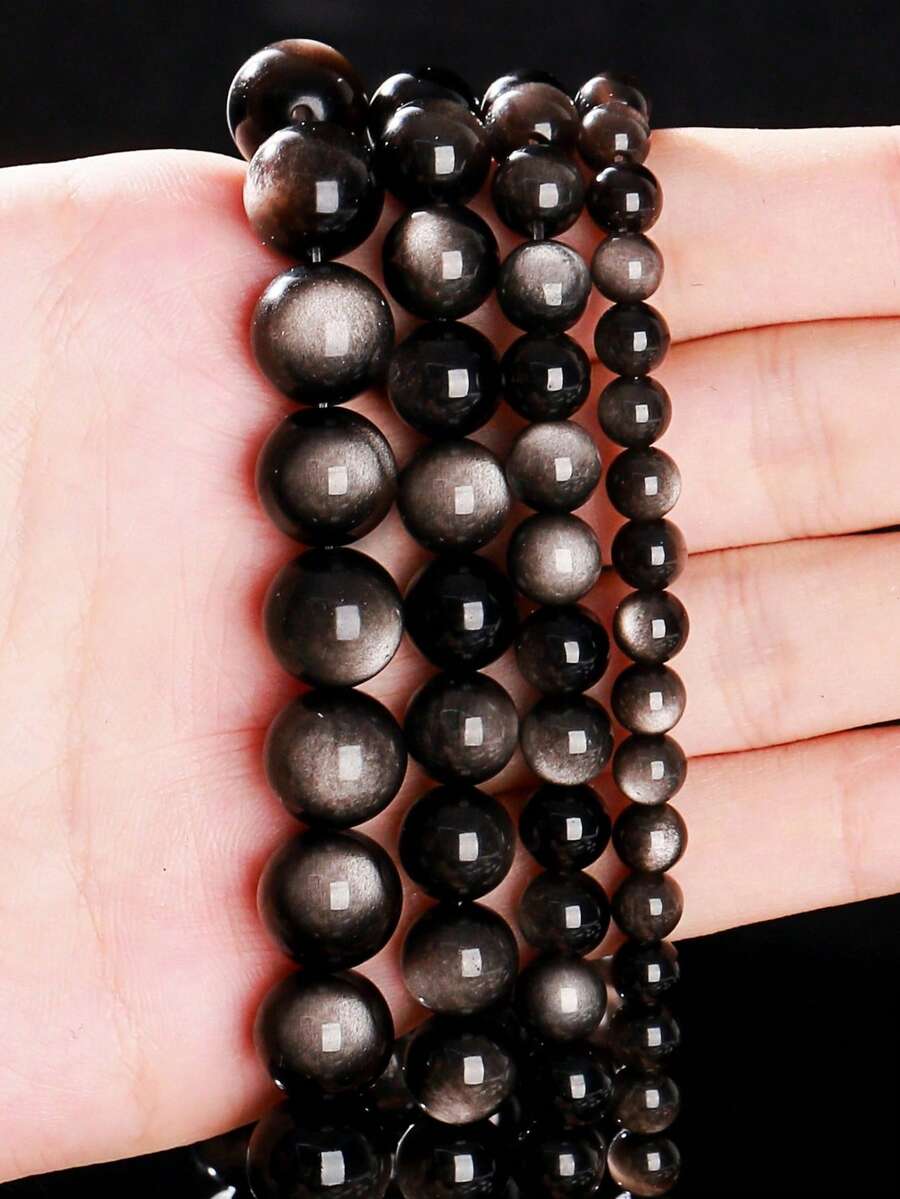 1 hebra de Obsidiana plateada de alta calidad Grado 5A, cuentas naturales de Obsidiana negra color plata, accesorios adecuados para joyería de moda de mujer, manualidades decorativas, elaboración de joyas DIY como pulseras y collares
