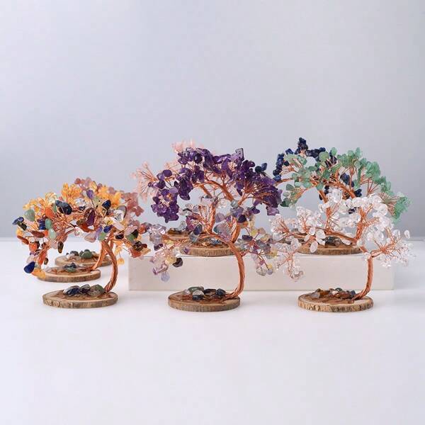 1pc Natural Rainbow Crystal Chips Artificial Wooden Base Feng Shui Money Tree