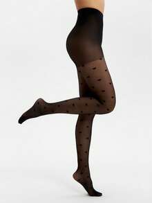 1pc Women's Thin Heart Print Black Stockings - Black - View 2