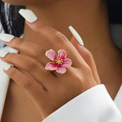 1 chiếc nhẫn họa tiết hoa sứ nhuộm màu hồng thủ công thời trang cổ điển đa năng dành cho kỳ nghỉ bãi biển dành cho nữ