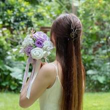Dusty Blue Wedding Bouquets For Bride Bridesmaid, White Wedding Artificial Roses Flowers For Wedding Bouquets Ceremony, Anniversary - Lilac & Ivory & Cream - View 5