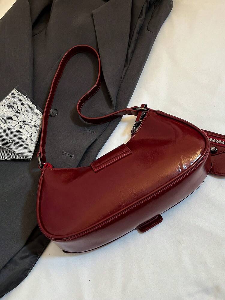 1个女士复古机车朋克风铆钉装饰可调节肩带大容量柔软仿油皮渐变色单肩腋下包，适合工作、通勤、约会、派对、朋克风 - 酒紅色 - 查看 9