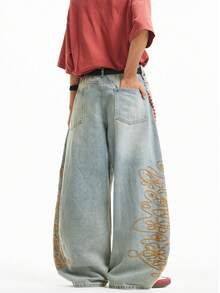 1pc Justice Brother Casual Loose Fit Distressed Embroidered Wide Leg Jeans For Men (Belt And Accessories Not Included) - Blue - View 8