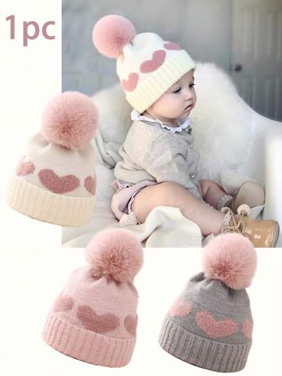 1 件婴儿心形绒球装饰保暖针织帽，厚针织新生儿秋冬帽