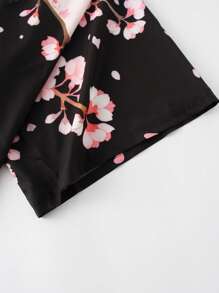 日本复古花卉印花羽织和服开衫，宽松男女通用轻便外套，适合春夏季、海滩、旅行、休闲街头风格 - 黑色 - 查看 3