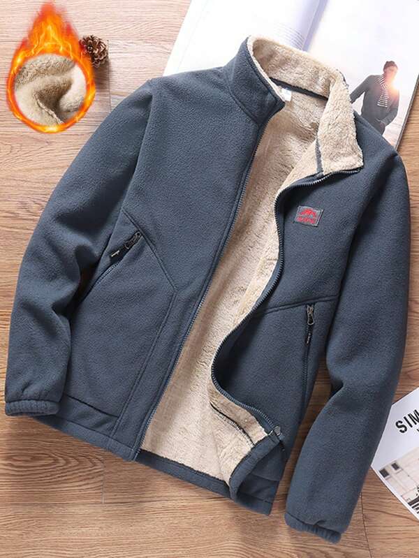 MAISONFOX Men Patched Detail Teddy Lined Fleece Jacket, Men's Jackets Casual, Grey Jacket, Men Winter Clothes, Men Jackets And Coats With Thermal Lined For Outdoor, Plush And Thickened Jackets,Men Winter Clothes,With Pockets, Suitable For Boyfriend/Husband Everyday Wear, Autumn/Winter