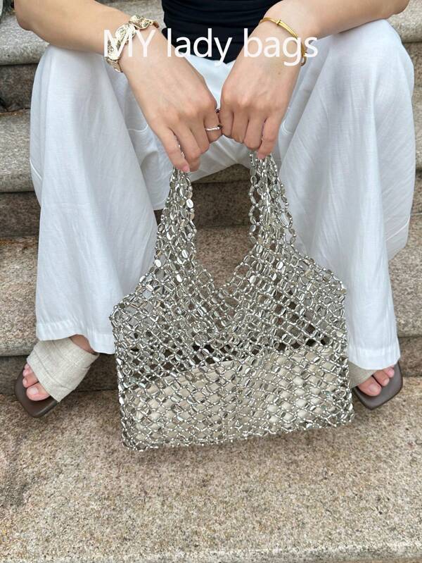 Bolso de hombro tejido con cuentas hecho a mano, bolso de playa casual con diseño hueco creativo para mujeres
