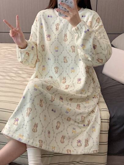 Women's Flannel Fluffy Nightgown, Rabbit Print, Round Neck, Elastic Cuff, Sleepwear, Winter
