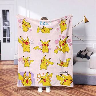 pokemon 1pc Pokemon Pikachu Soft Blanket, Digital Printed Fleece Blanket, Air Conditioning Quilt, Office Nap Blanket, Vintage Casual Cartoon Holiday Blanket - Soft & Warm Polyester | Perfect For Camping, Sofa Or Travel