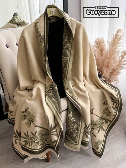 1条优雅花卉植物图案提花仿羊绒保暖围巾/披肩，百搭女士单品，适合秋冬季节，可日常搭配连衣裙，亦可作装饰。