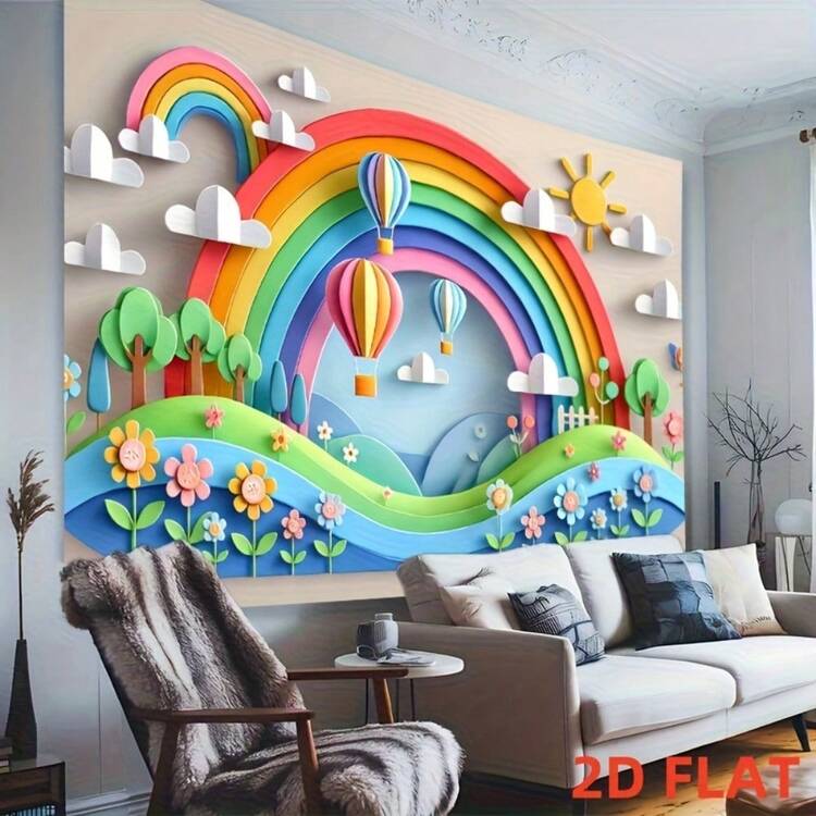 Um Mural Plano 2D de Arco-íris com Balões de Ar Quente e Sol - Bottom de Festa de Poliéster Vibrante, Adequado para Decoração Interna/Externa, Adereços de Estúdio de Fotografia e Comemorações de Feriados, Fácil de Pendurar, Decoração de Arco-íris - Multicolorido - Visão 5